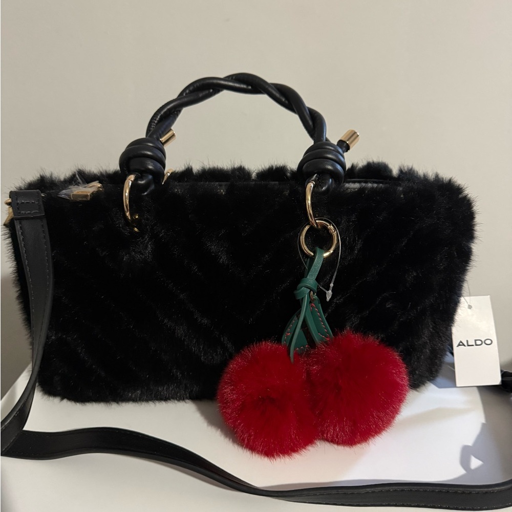Aldo Black Faux-Fur Top-Handle Shoulder Bag with Red Pom-Pom Charm